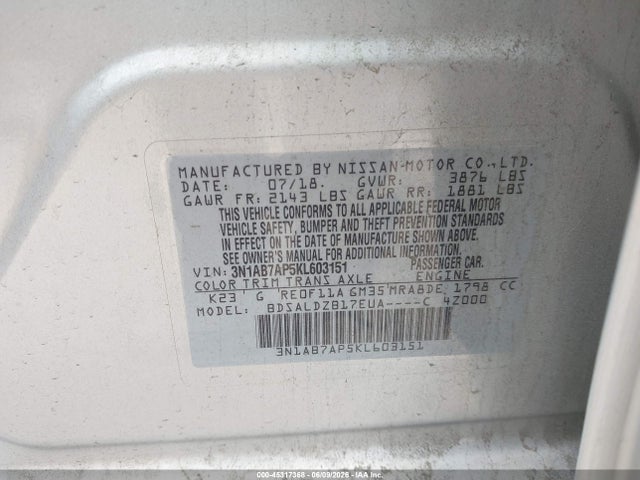 45317368 :رقم المزاد ، 3N1AB7AP5KL603151 vin ، 2019 Nissan Sentra Sv مزاد بيع