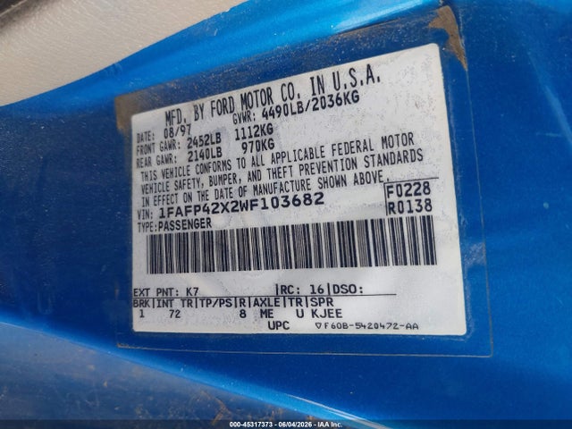 Auction sale of the 1998 Ford Mustang Gt, vin: 1FAFP42X2WF103682, lot number: 45317373