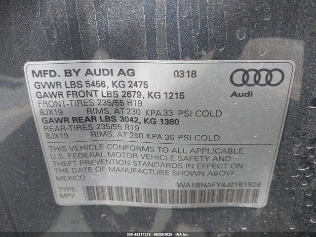 Aukcja sprzedaży 2018 Audi Q5 2.0t Premium, vin: WA1BNAFY4J2161528, numer aukcji: 45317375