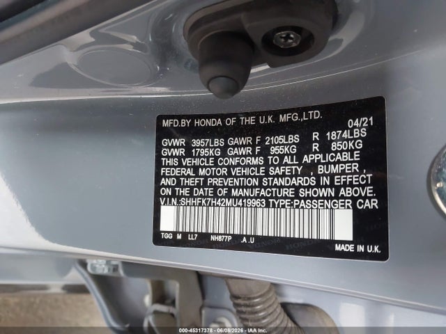 Aukcja sprzedaży 2021 Honda Civic Sport, vin: SHHFK7H42MU419963, numer aukcji: 45317378