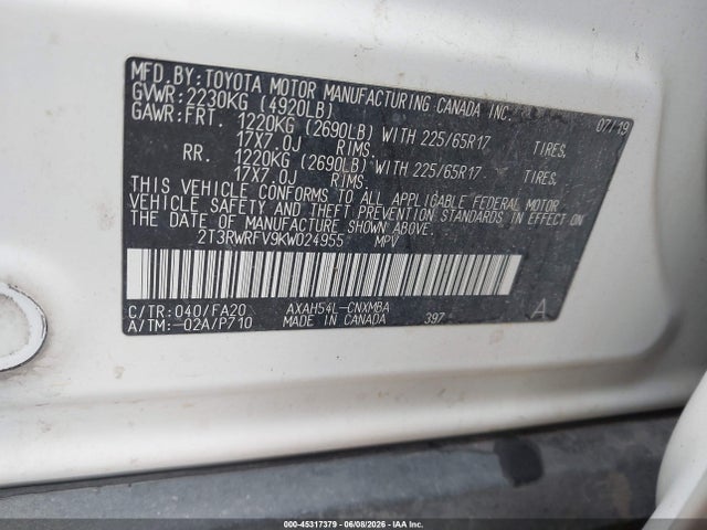 Aukcja sprzedaży 2019 Toyota Rav4 Hybrid Xle, vin: 2T3RWRFV9KW024955, numer aukcji: 45317379