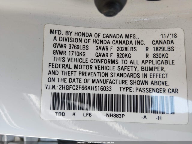 Honda Civic Lx 2019 2HGFC2F66KH516033 Image 9