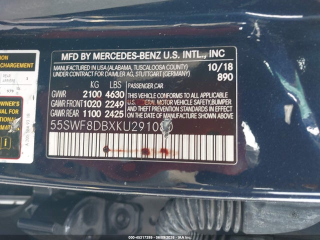 2019 Mercedes-benz C 300 მანქანა იყიდება აუქციონზე, vin: 55SWF8DBXKU291080, აუქციონის ნომერი: 45317399