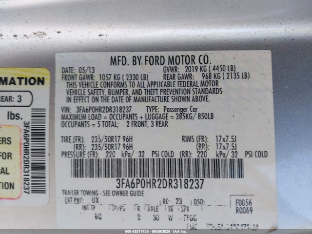 45317408 :رقم المزاد ، 3FA6P0HR2DR318237 vin ، 2013 Ford Fusion Se مزاد بيع
