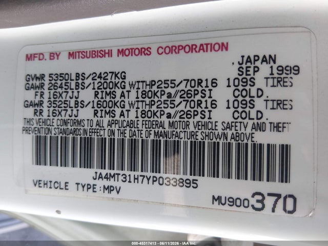 Auction sale of the 2000 Mitsubishi Montero Sport Ls/xls, vin: JA4MT31H7YP033895, lot number: 45317413