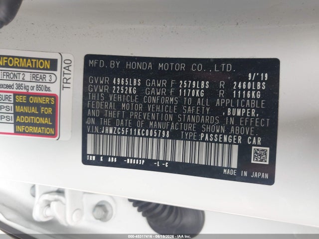 JHMZC5F11KC005798 Honda CLARITY PLUG-IN HYBRID