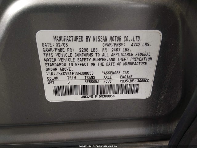 Aukcja sprzedaży 2005 Infiniti G35x, vin: JNKCV51F15M308856, numer aukcji: 45317417