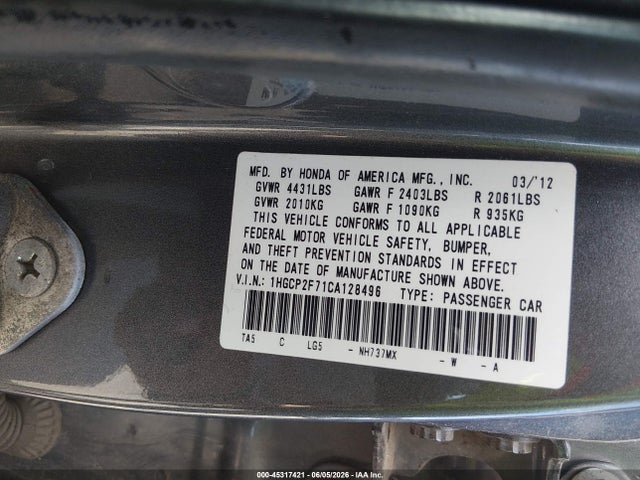 Продажа на аукционе авто 2012 Honda Accord 2.4 Ex, vin: 1HGCP2F71CA128496, номер лота: 45317421
