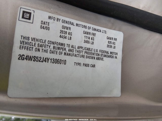Auction sale of the 2000 Buick Century Custom, vin: 2G4WS52J4Y1306010, lot number: 45317422