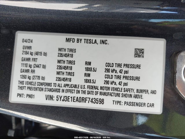 Aukcja sprzedaży 2024 Tesla Model 3 Long Range Dual Motor All-wheel Drive/rear-wheel Drive, vin: 5YJ3E1EA0RF743598, numer aukcji: 45317436