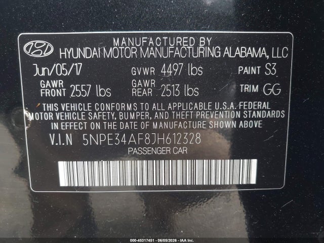 Продаж на аукціоні авто 2018 Hyundai Sonata Sel, vin: 5NPE34AF8JH612328, номер лоту: 45317451