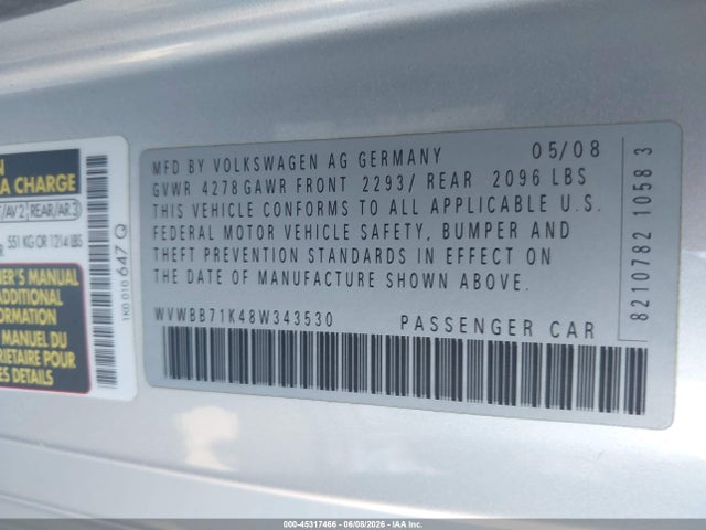 2008 Volkswagen Rabbit S მანქანა იყიდება აუქციონზე, vin: WVWBB71K48W343530, აუქციონის ნომერი: 45317466
