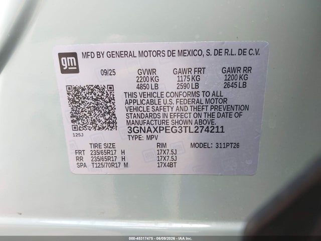 Aukcja sprzedaży 2026 Chevrolet Equinox Awd Lt, vin: 3GNAXPEG3TL274211, numer aukcji: 45317475