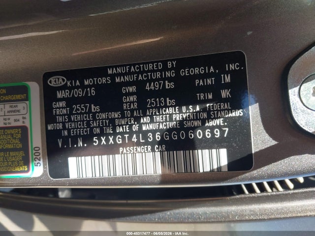 Aukcja sprzedaży 2016 Kia Optima Lx, vin: 5XXGT4L36GG060697, numer aukcji: 45317477
