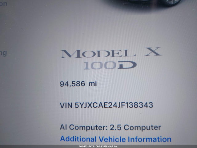 45317478 :رقم المزاد ، 5YJXCAE24JF138343 vin ، 2018 Tesla Model X 100d/75d/p100d مزاد بيع