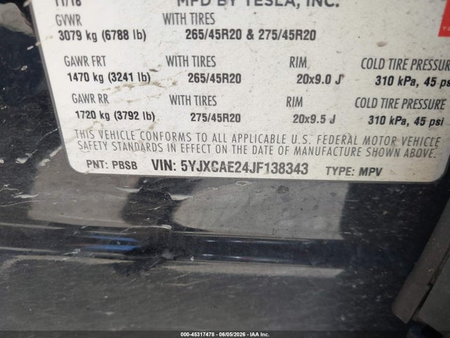 45317478 :رقم المزاد ، 5YJXCAE24JF138343 vin ، 2018 Tesla Model X 100d/75d/p100d مزاد بيع