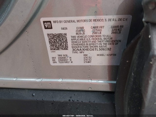 Aukcja sprzedaży 2026 Chevrolet Equinox Fwd Lt, vin: 3GNAXHEG6TL506192, numer aukcji: 45317491