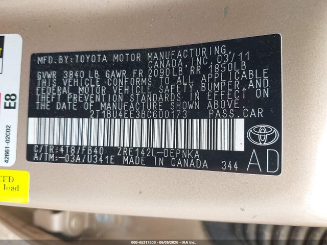 Aukcja sprzedaży 2011 Toyota Corolla Le, vin: 2T1BU4EE3BC600173, numer aukcji: 45317500