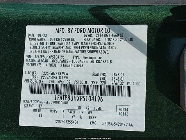 Продажа на аукционе авто 2023 Ford Mustang Ecoboost Premium, vin: 1FATP8UHXP5104196, номер лота: 45317513