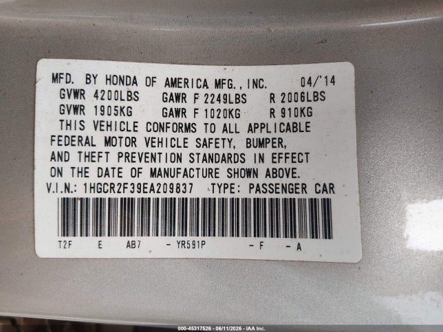 2014 Honda Accord Lx მანქანა იყიდება აუქციონზე, vin: 1HGCR2F39EA209837, აუქციონის ნომერი: 45317526