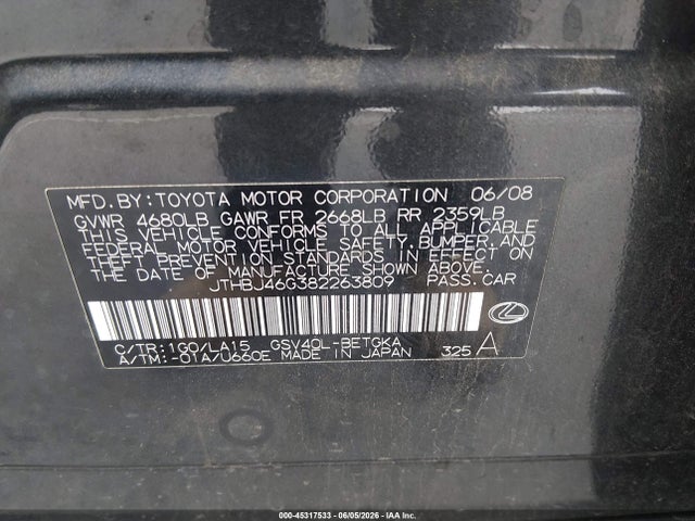 45317533 :رقم المزاد ، JTHBJ46G382263809 vin ، 2008 Lexus Es 350 مزاد بيع