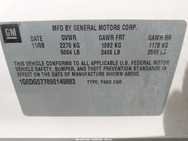 45317546 :رقم المزاد ، 1G6DG577890149883 vin ، 2009 Cadillac Cts Standard مزاد بيع