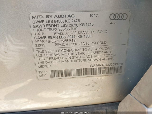 Продаж на аукціоні авто 2018 Audi Q5 2.0t Premium, vin: WA1ANAFY3J2083920, номер лоту: 45317549