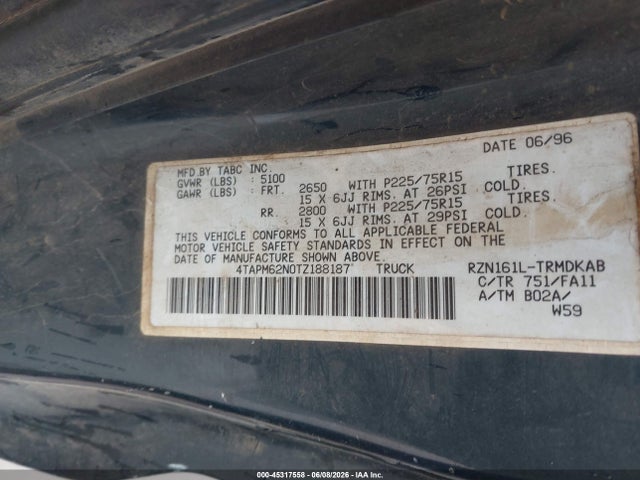 45317558 :رقم المزاد ، 4TAPM62N0TZ188187 vin ، 1996 Toyota Tacoma مزاد بيع