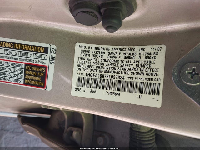 2008 Honda Civic Ex-l მანქანა იყიდება აუქციონზე, vin: 1HGFA16978L027324, აუქციონის ნომერი: 45317561