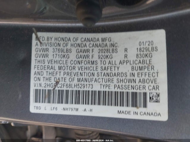 Honda Civic Lx 2020 2HGFC2F68LH529173 Image 9