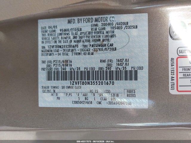 Продажа на аукционе авто 2005 Ford Mustang V6 Deluxe/v6 Premium, vin: 1ZVFT80N355201670, номер лота: 45317575
