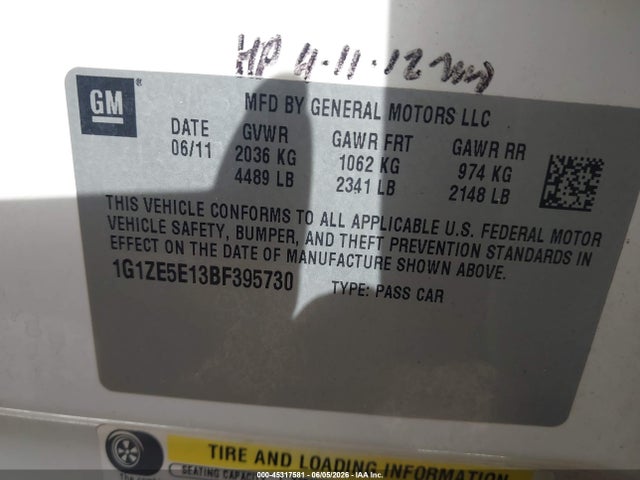45317581 :رقم المزاد ، 1G1ZE5E13BF395730 vin ، 2011 Chevrolet Malibu Ltz مزاد بيع