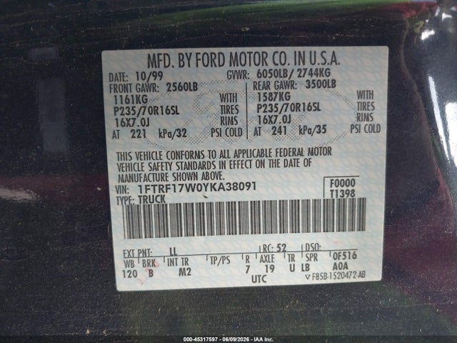 2000 Ford F-150 Work Series/xl/xlt მანქანა იყიდება აუქციონზე, vin: 1FTRF17W0YKA38091, აუქციონის ნომერი: 45317597