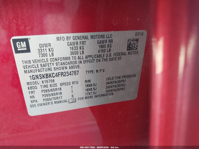 Продажа на аукционе авто 2015 Chevrolet Tahoe Lt, vin: 1GNSKBKC4FR234787, номер лота: 45317605