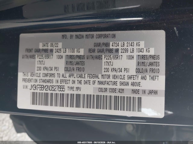 2022 Mazda Cx-5 2.5 S Select მანქანა იყიდება აუქციონზე, vin: JM3KFBBM2N0627655, აუქციონის ნომერი: 45317608