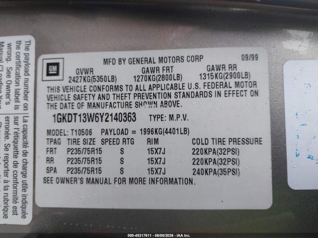 45317611 :رقم المزاد ، 1GKDT13W6Y2140363 vin ، 2000 Gmc Jimmy Slt مزاد بيع