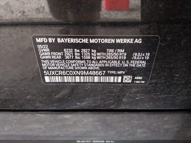 45317617 :رقم المزاد ، 5UXCR6C0XN9M48667 vin ، 2022 Bmw X5 Xdrive40i مزاد بيع