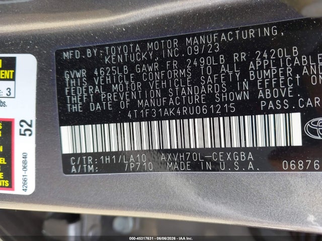 Aukcja sprzedaży 2024 Toyota Camry Hybrid Xle, vin: 4T1F31AK4RU061215, numer aukcji: 45317631
