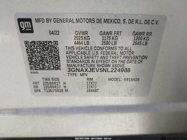 3GNAXJEV5NL224988 Chevrolet Equinox Fwd 2fl