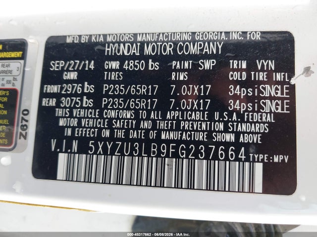 45317662 :رقم المزاد ، 5XYZU3LB9FG237664 vin ، 2015 Hyundai Santa Fe Sport 2.4l مزاد بيع