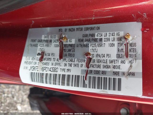 45317664 :رقم المزاد ، JM3KFBCM8P0140980 vin ، 2023 Mazda Cx-5 2.5 S Preferred مزاد بيع