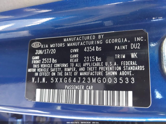 Aukcja sprzedaży 2021 Kia K5 Gt-line, vin: 5XXG64J23MG003533, numer aukcji: 45317673