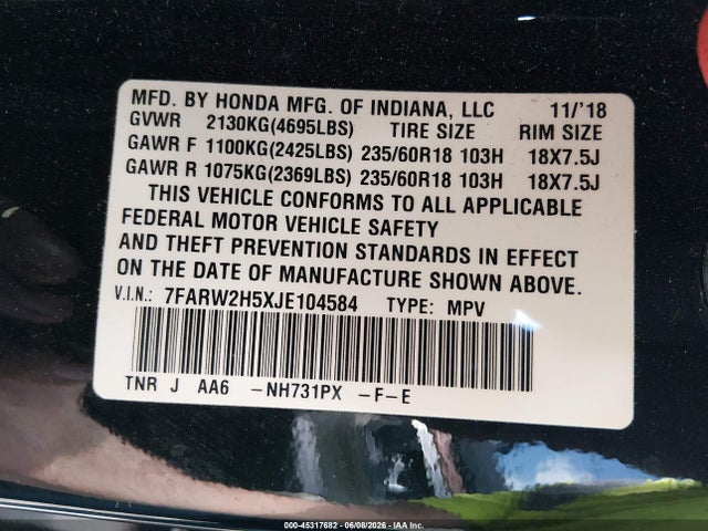 Honda CR-V EX 2018 7FARW2H5XJE104584 Image 9