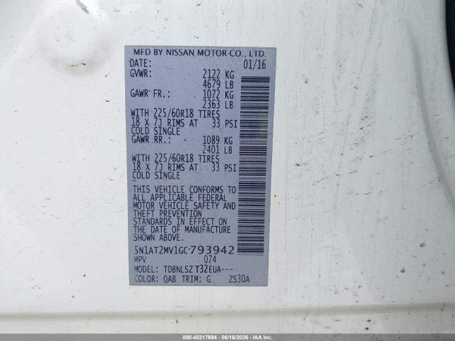 Aukcja sprzedaży 2016 Nissan Rogue Sl, vin: 5N1AT2MV1GC793942, numer aukcji: 45317694