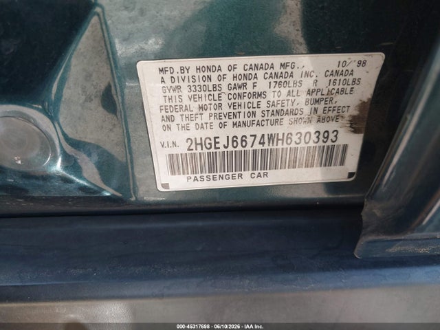 Продажа на аукционе авто 1998 Honda Civic Lx, vin: 2HGEJ6674WH630393, номер лота: 45317698