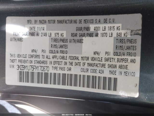 45317703 :رقم المزاد ، 3MZBM1U75FM170870 vin ، 2015 Mazda Mazda3 I Sport مزاد بيع