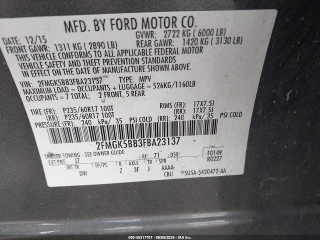 Ford FLEX SE 2015 2FMGK5B83FBA23137 Image 9