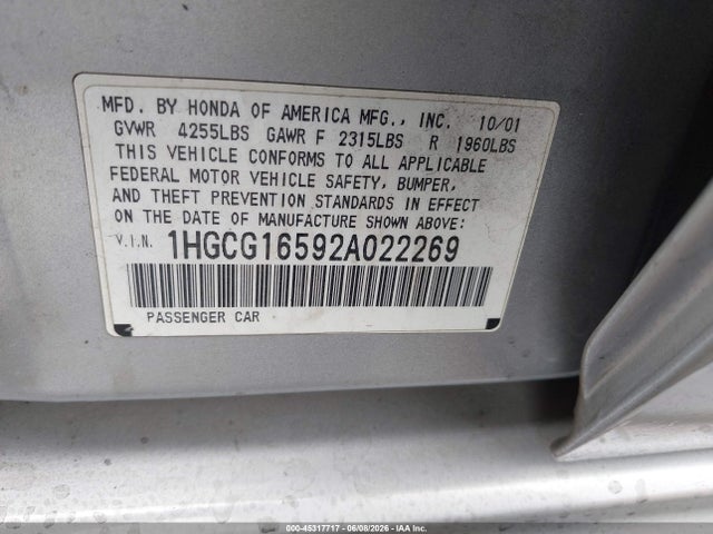 Aukcja sprzedaży 2002 Honda Accord 3.0 Ex, vin: 1HGCG16592A022269, numer aukcji: 45317717