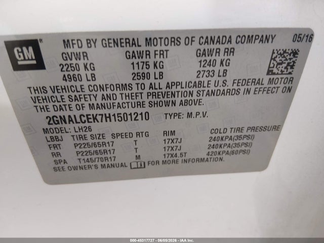 Продажа на аукционе авто 2017 Chevrolet Equinox Lt, vin: 2GNALCEK7H1501210, номер лота: 45317727