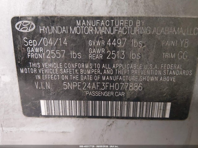 Продажа на аукционе авто 2015 Hyundai Sonata Se, vin: 5NPE24AF3FH077886, номер лота: 45317729